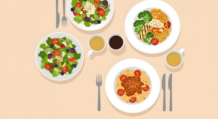Overhead View of Healthy Lunch: Salads, Pasta, and Grilled Tofu on Table