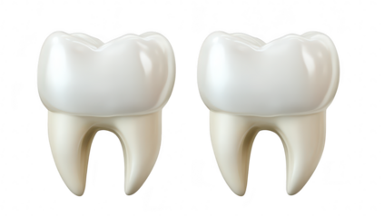 A close-up illustration of two healthy human teeth. their glossy white enamel and detailed structure. set against a transparent background. ideal for dental health education or marketing