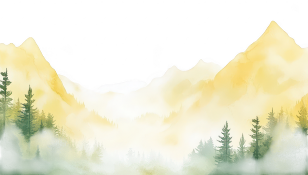 A serene watercolor landscape depicting majestic mountains shrouded in mist. with lush green forests in the foreground. creating a tranquil atmosphere perfect for relaxation or nature-themed projects