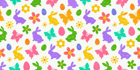 Colorful easter pattern with bunnies butterflies flowers and eggs on white background