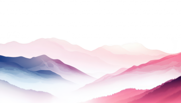 Serene landscape featuring soft. layered mountains in gradient shades of blue. pink. and white. creating a tranquil atmosphere suitable for backgrounds in nature-themed projects