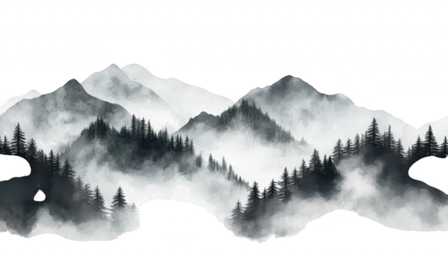 A serene landscape featuring mist-covered mountains and dense evergreen forests. evoking tranquility and natures beauty. ideal for relaxation or meditation themes