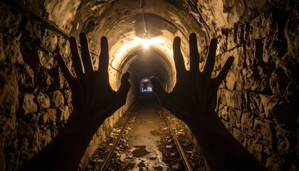 Hands reaching out into a mysterious, dark tunnel, guiding the viewer's gaze towards a distant light and an uncertain, adventurous path ahead
