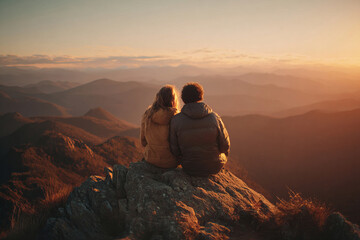 Fototapeta premium Couple sitting on mountain peak at sunset