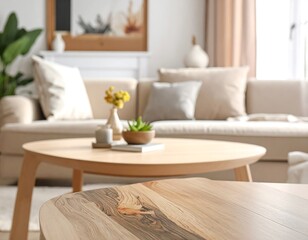 Light-filled living room with wooden coffee table
