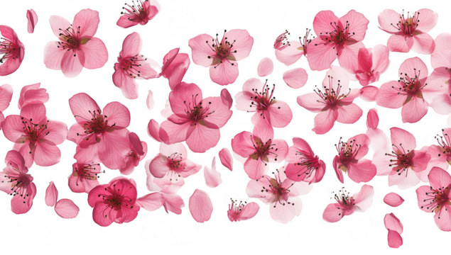 A arrangement of pink cherry blossom petals scattered elegantly across a white background. creating a serene and tranquil atmosphere perfect for spring themes and floral designs