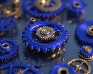 Detailed Closeup Of Interlocking Gears With Blue And Gold Metallic Colors