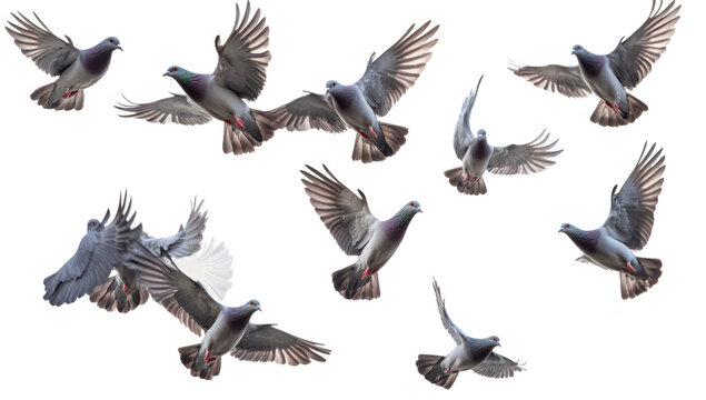 A dynamic sequence multiple pigeons in mid-flight against a white background. capturing their graceful movements and natural beauty. ideal for wildlife and nature-related projects