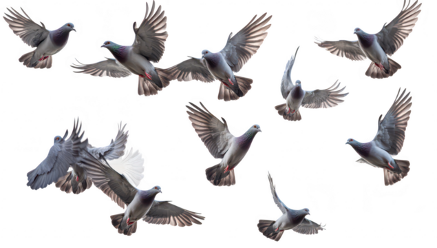 A dynamic sequence multiple pigeons in mid-flight against a white background. capturing their graceful movements and natural beauty. ideal for wildlife and nature-related projects