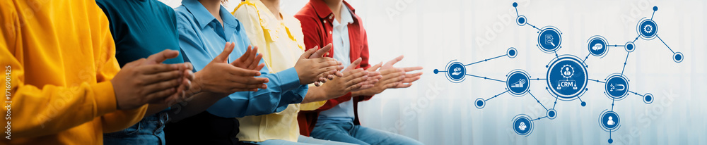 Poster image showcasing a group of diverse individuals applauding in a corporate setting, accompanied by di
