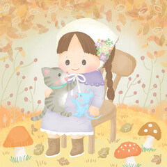 秋の森で猫とネズミを抱く女の子のイラスト