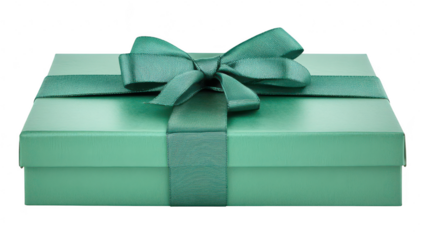 A beautifully wrapped green gift box with a satin bow. placed on a clean white surface. symbolizing celebration and generosity. ideal for holiday or special occasion promotions