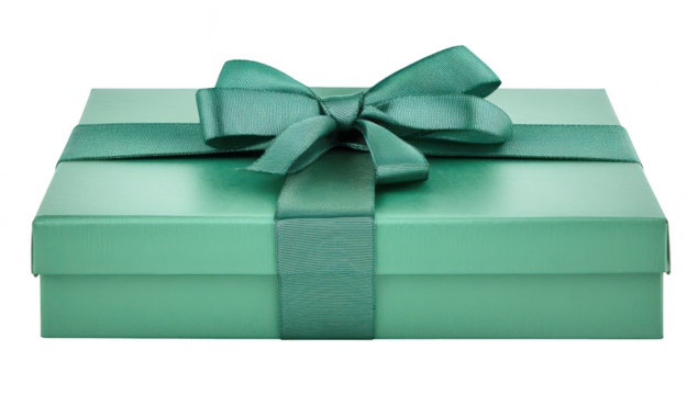 A beautifully wrapped green gift box with a satin bow. placed on a clean white surface. symbolizing celebration and generosity. ideal for holiday or special occasion promotions