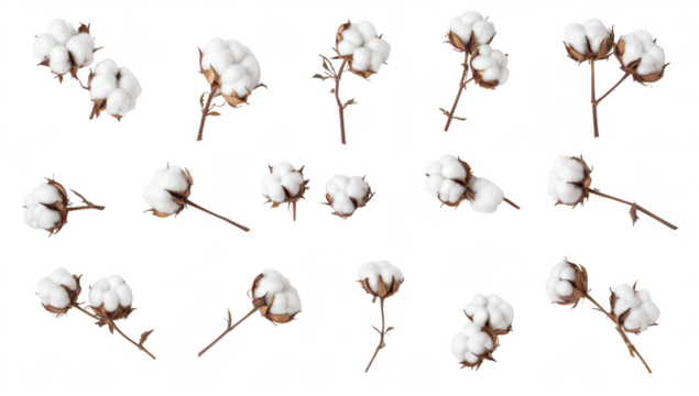 A collection of fresh cotton bolls arranged artistically on a white background. their natural texture and beauty. ideal for use in textile or agricultural-related projects