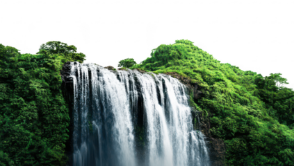 A breathtaking waterfall cascading down a lush green cliff. surrounded by foliage. with a clear blue sky in the background. ideal for nature-themed projects or travel promotions