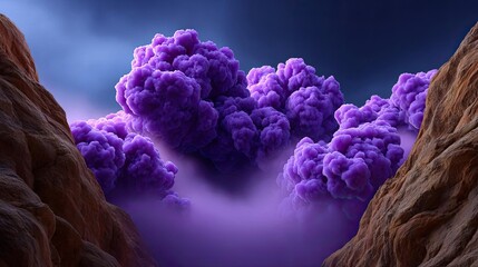 Purple cumulus clouds floating in surreal landscape concept. Breathtaking purple clouds fill a canyon under dramatic lighting.