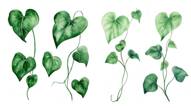 A collection of lush green heart-shaped leaves in various arrangements. their colors and intricate details. perfect for nature-themed designs and botanical illustrations