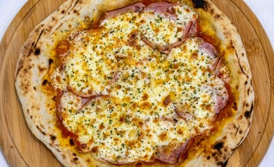 Traditional Brazilian pizza with Canadian pork loin and mushrooms in a rustic, artisanal, long-fermented dough baked in a wood-fired oven.