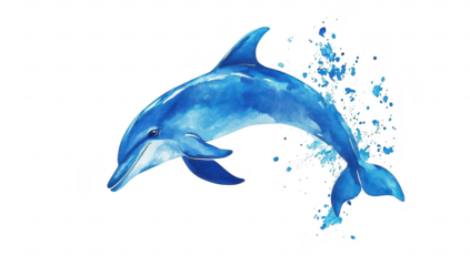 A watercolor illustration of a dolphin gracefully leaping through the water. surrounded by splashes of blue. perfect for marine-themed projects or educational materials