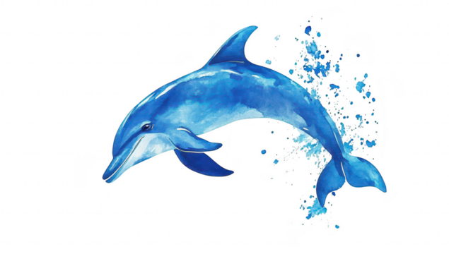 A watercolor illustration of a dolphin gracefully leaping through the water. surrounded by splashes of blue. perfect for marine-themed projects or educational materials