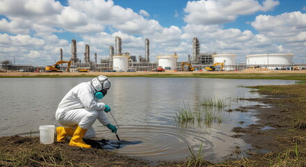 Scientist in protective suit collecting water sample near industrial plant