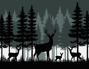 Black silhouette of deer family with baby and forest fir trees wildlife adventure