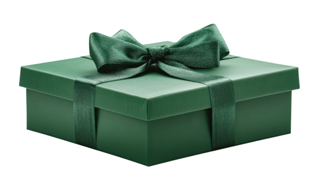 A beautifully wrapped green gift box with a satin ribbon. resting on a plain white background. perfect for celebrations and special occasions