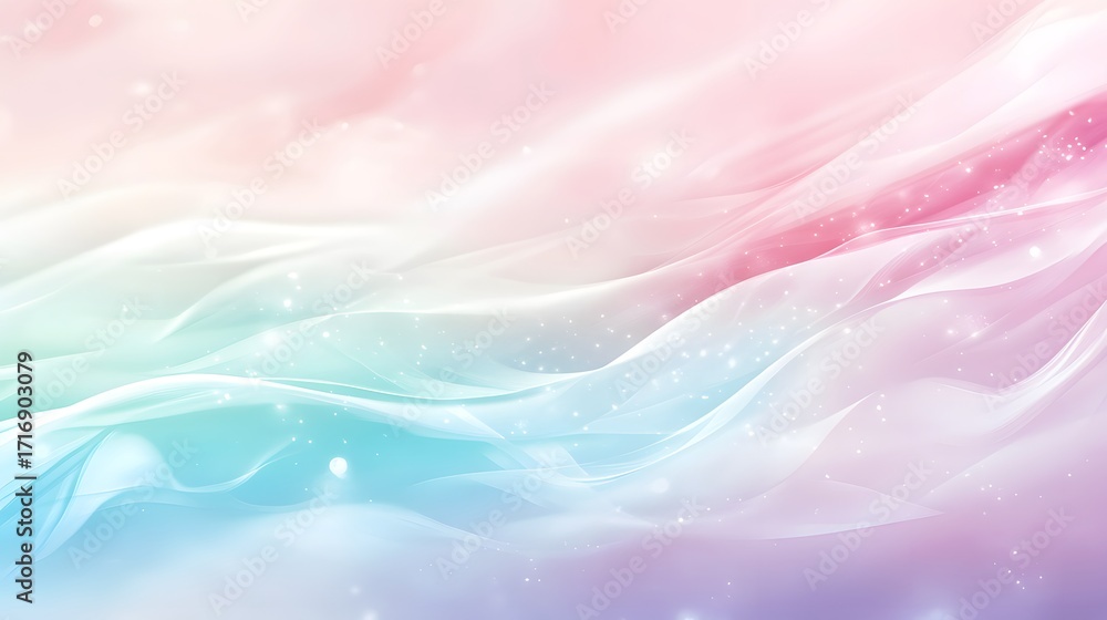 Poster delicate pastel-toned abstract design with flowing lines and subtle shimmering particles creates a s
