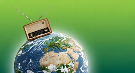 World Radio Day A classic vintage radio rests atop a detailed Earth globe, symbolizing global communication and the enduring impact of traditional broadcast media on a worldwide scale