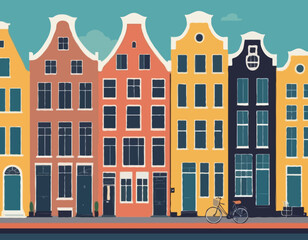 Fototapeta premium Colorful Traditional Homes in Amsterdam, Netherlands, Vibrant Architectural Illustrations, Charming Urban Landscape.