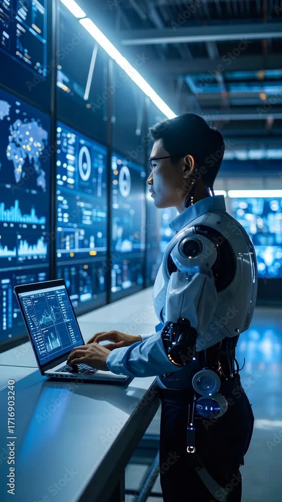 Poster humanoid robot working on laptop in data center analyzing data on multiple screens and artificial in