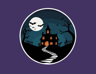 Witch or haunted house silhouette on the hill in a round shaped background. House, full moon, bats and pumpkins outline. Happy Halloween. Vector illustration