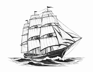 Vintage sailboat. Clipper ship black and white sketch. Pirate ship sailboats in sea waves, sailing ship in retro hand drawn engraving style
