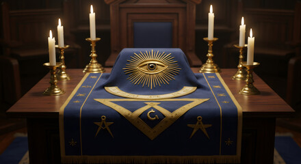 Masonic table with all seeing eye symbol and square and compasses with candles. Freemasonry concept with occult symbols on dark background.