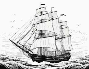 Vintage sailboat. Clipper ship black and white sketch. Pirate ship sailboats in sea waves, sailing ship in retro hand drawn engraving style