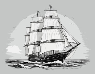 Vintage sailboat. Clipper ship black and white sketch. Pirate ship sailboats in sea waves, sailing ship in retro hand drawn engraving style