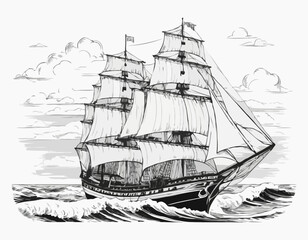 Vintage sailboat. Clipper ship black and white sketch. Pirate ship sailboats in sea waves, sailing ship in retro hand drawn engraving style