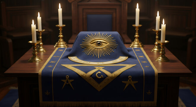 Masonic table with all seeing eye symbol and square and compasses with candles. Freemasonry concept with occult symbols on dark background.