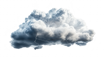 A dramatic thunderstorm cloud formation with dark. swirling clouds illuminated by flashes of lightning. set against a bright white background. ideal for illustrating weather phenomena