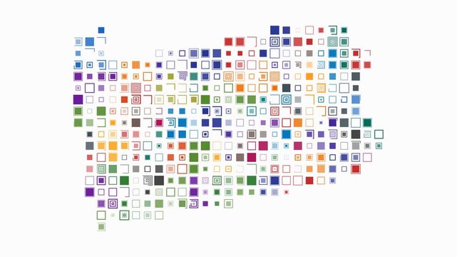 Pennsylvania animation. Shape of the state with pulsating colored dots. Large size square blocks. Digital style map on white background. Modern video.
