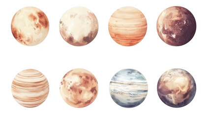 A collection of artistic representations of various planets diverse textures and colors. set against a clean white background. ideal for educational and creative projects