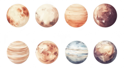 A collection of artistic representations of various planets diverse textures and colors. set against a clean white background. ideal for educational and creative projects