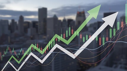 Financial growth concept with stock chart and arrows pointing upward towards success