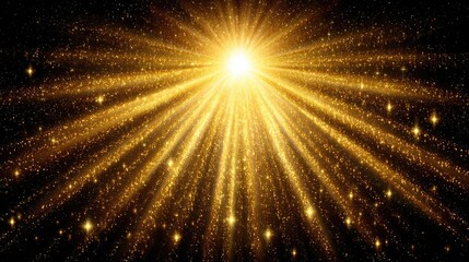 Golden stage glitter with spotlights on opening concept. A radiant golden burst of light illuminating the dark space.