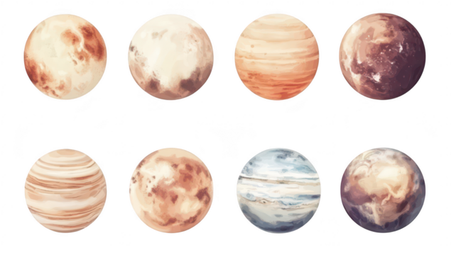 A collection of artistic representations of various planets diverse textures and colors. set against a clean white background. ideal for educational and creative projects