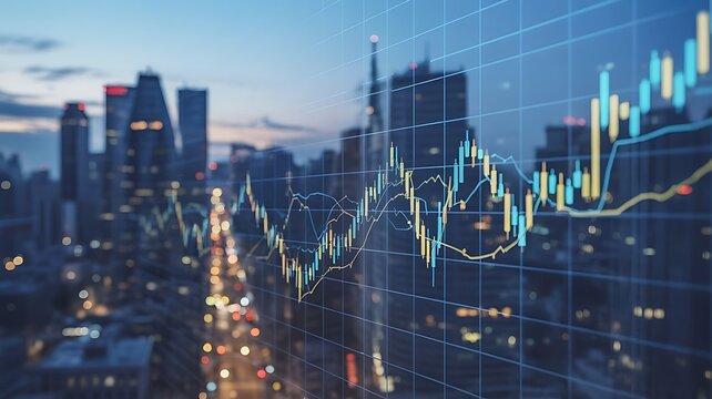 Financial Growth Chart Over Modern Cityscape Backdrop with Evening Lights
