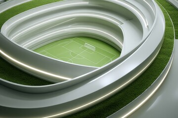 Futuristic soccer stadium with illuminated circular tiers and green grass accents.