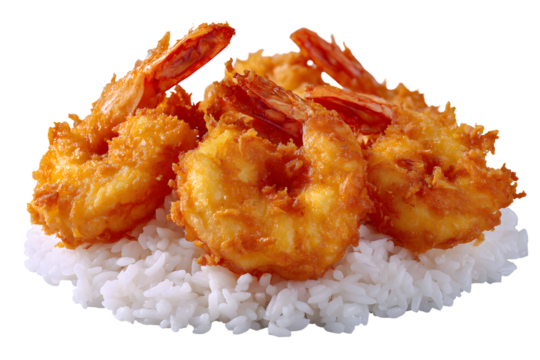 Crispy shrimp tempura served on fluffy white rice, garnished with parsley. A delicious Japanese tendon dish perfect for menus, blogs, and food ads.