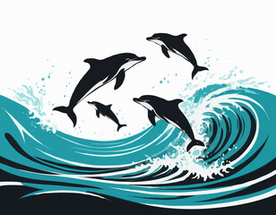 black silhouette Playful dolphins jumping out of the ocean waves isolated white background