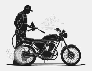 Silhouette of Man washing a motorcycle with high pressure washer. Spraying water from the hose. Vector black and white illustration of motorcycle wash